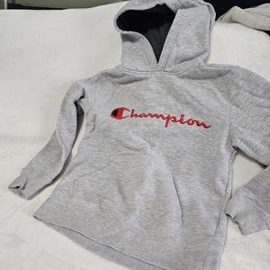 Kids hoodie. Youth small.  Heather gray with classic Champion script Logo.